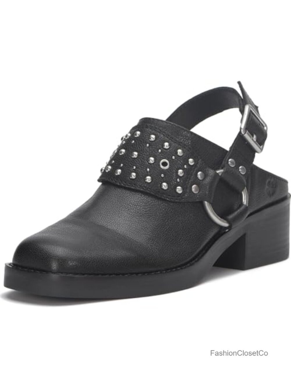 Square Toe Mule with Harness and Studding, Leather Upper, Stacked Block Heel - Picture 1 of 6
